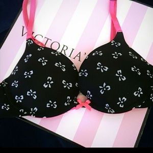Victoria’s Secret Perfect Coverage Black White Bows Bra Hot Pink Strap